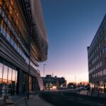 Evening view of modern architecture and urban streets in Southampton, UK.