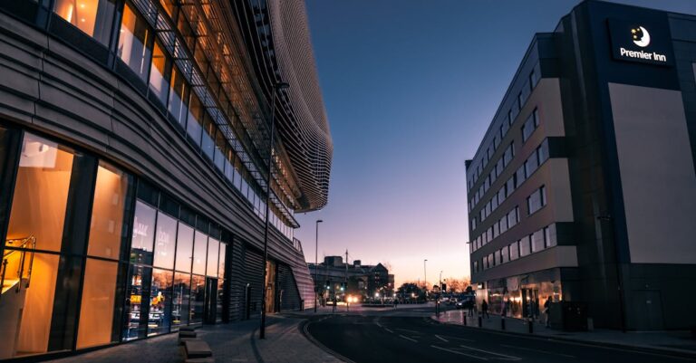 Evening view of modern architecture and urban streets in Southampton, UK.