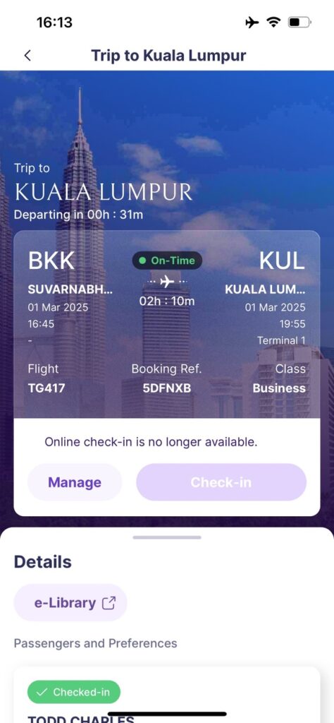 screenshot of the Thai airways app check I screen