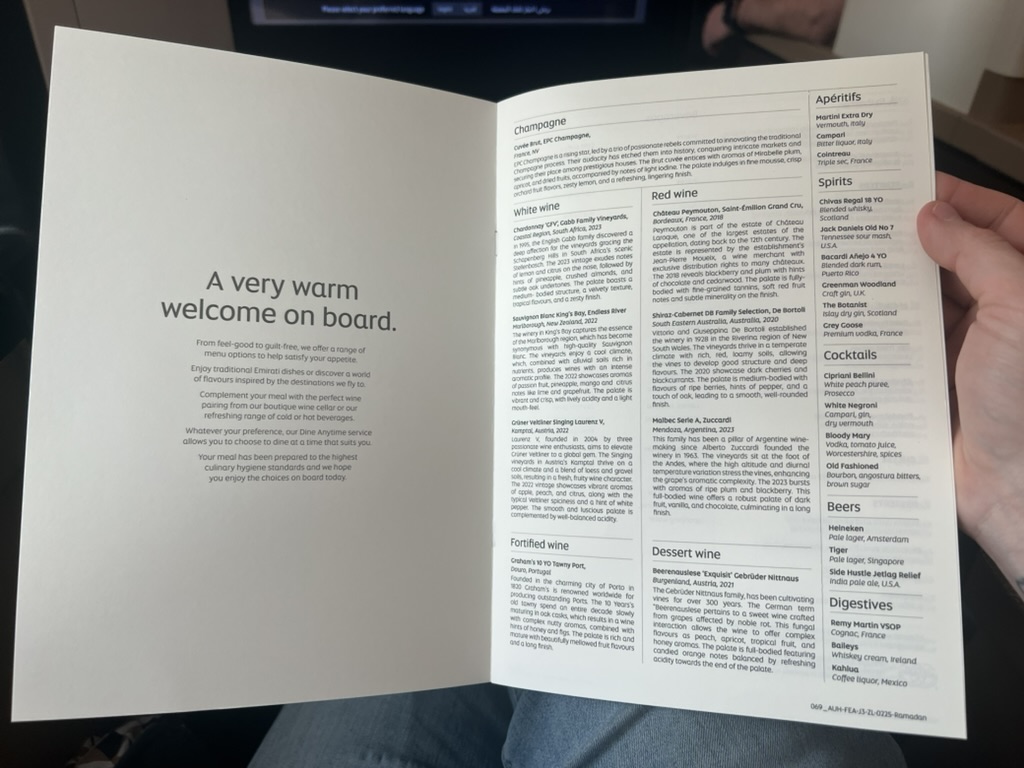 Wine List on board the 787-900 Etihad Business Class